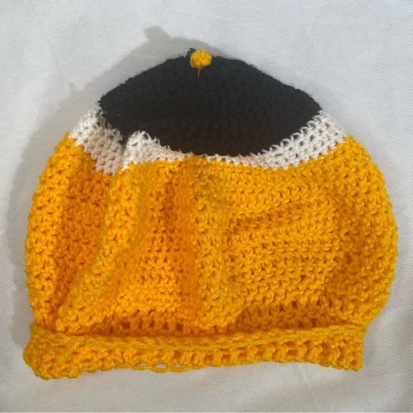 Handmade Hand Crocheted Color Block Strata Striped Beanie Hat Yellow Black OSFM - Picture 7 of 8